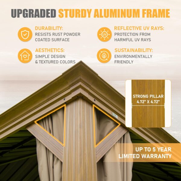 14x20FT Hardtop Gazebo, Permanent Metal Gazebo With Galvanized Steel Double Roof And Aluminum Frame, Curtain And Netting, Large Pavilion Gazebo, Wood Looking - Image 4