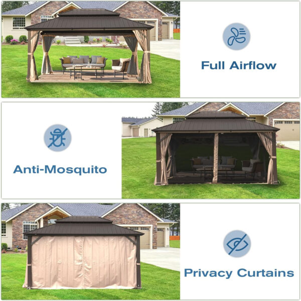 12 X 16 Hardtop Gazebo, Aluminum Metal Gazebo With Galvanized Steel Double Roof Canopy, Curtain And Netting, Permanent Gazebo Pavilion For Party, Wedding, Outdoor Dining, Brown - Image 3