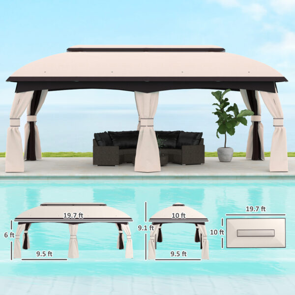10’ x 20’ Patio Gazebo, Outdoor Gazebo Canopy Shelter with Netting, Vented Roof for Garden, Beige - Image 4