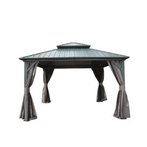 12  X 12  Hardtop Gazebo, Aluminum Metal Gazebo With Galvanized Steel Double Roof Canopy, Curtain And Netting, Permanent Gazebo Pavilion For Patio, Backyard, Deck, Lawn