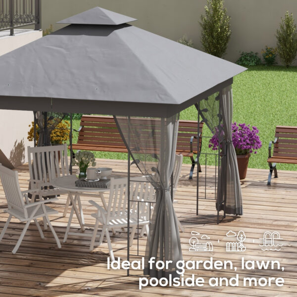 10' x 11.5' Metal Patio Gazebo, Double Roof Outdoor Gazebo Canopy Shelter w/Tree Motifs Corner Frame and Netting, Gray - Image 4