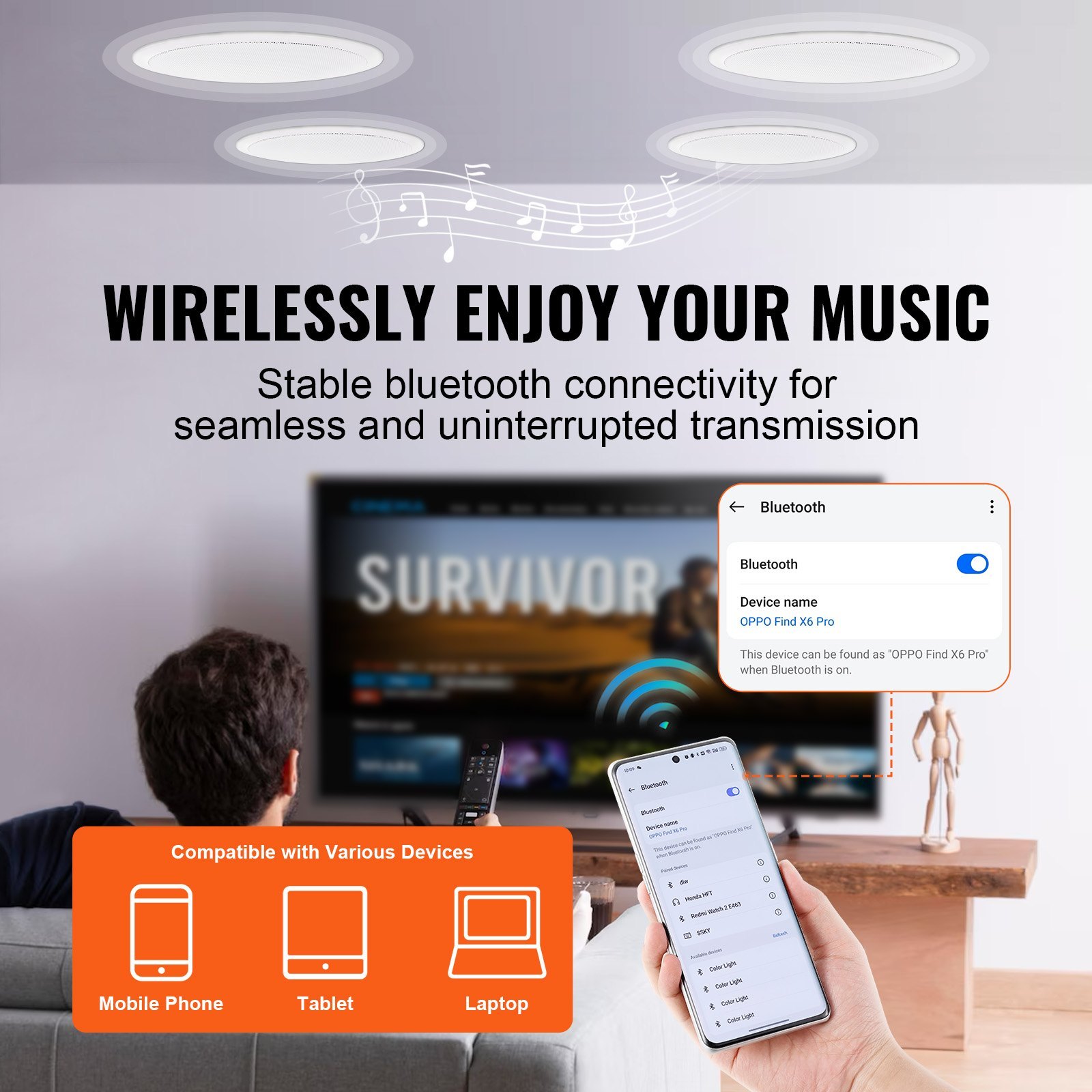4 PCs 6.5'' Bluetooth In Ceiling Speakers, 150W, Flush Mount Ceiling & In-Wall Speaker System With 8ΩImpedance 89dB Sensitivity, For Home Kitchen Living Room Bedroom Or Covered Outdoor Porches - Image 4